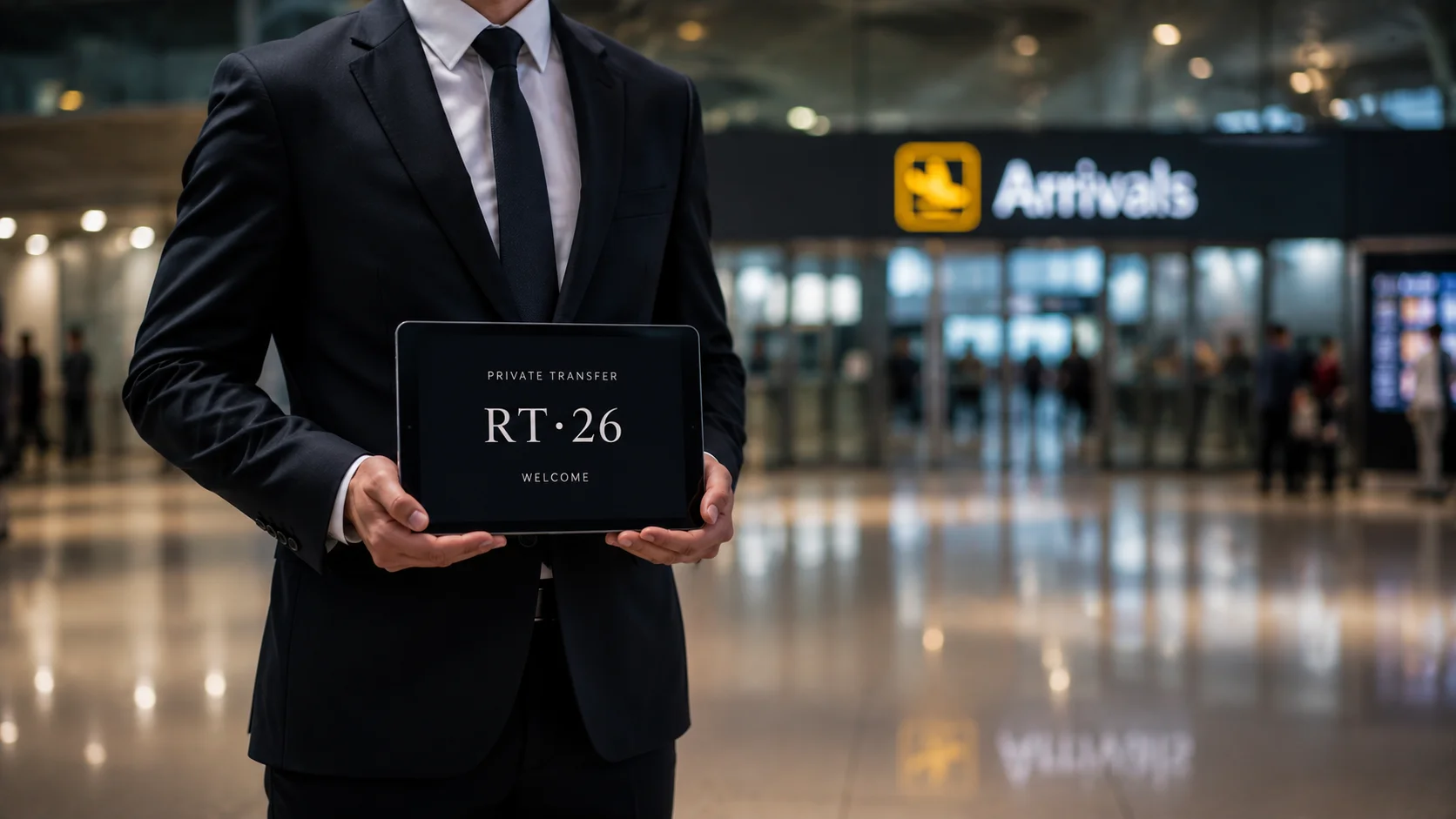Conductor esperando transfer aeropuerto La Rioja con cartel — Rioja Transfer