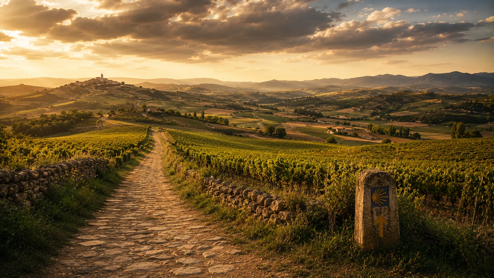 Paisaje del Camino de Santiago en La Rioja — viñedos y ruta de peregrinos
