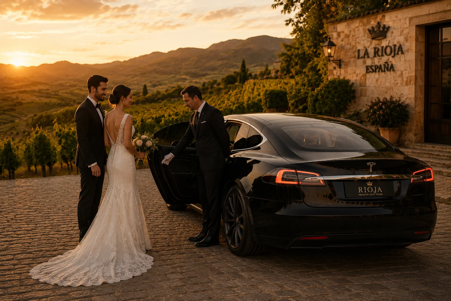 Transfer bodas La Rioja con chófer privado — vehículo premium para novios — Rioja Transfer