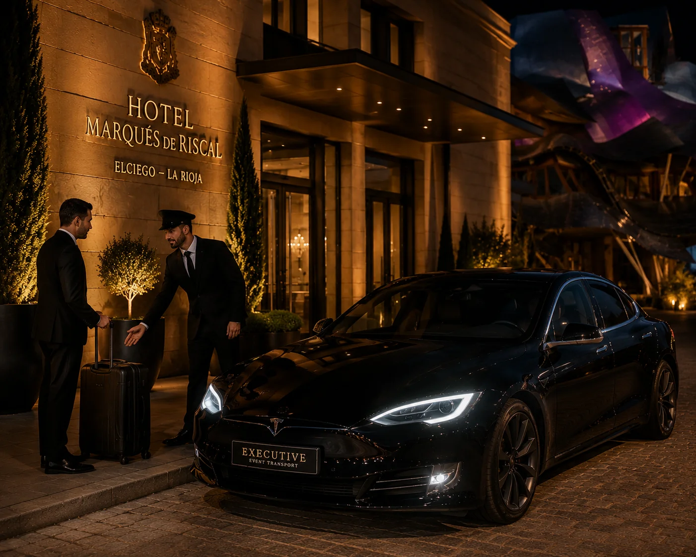 Transfer privado desde hoteles La Rioja — chófer en puerta del hotel — Rioja Transfer