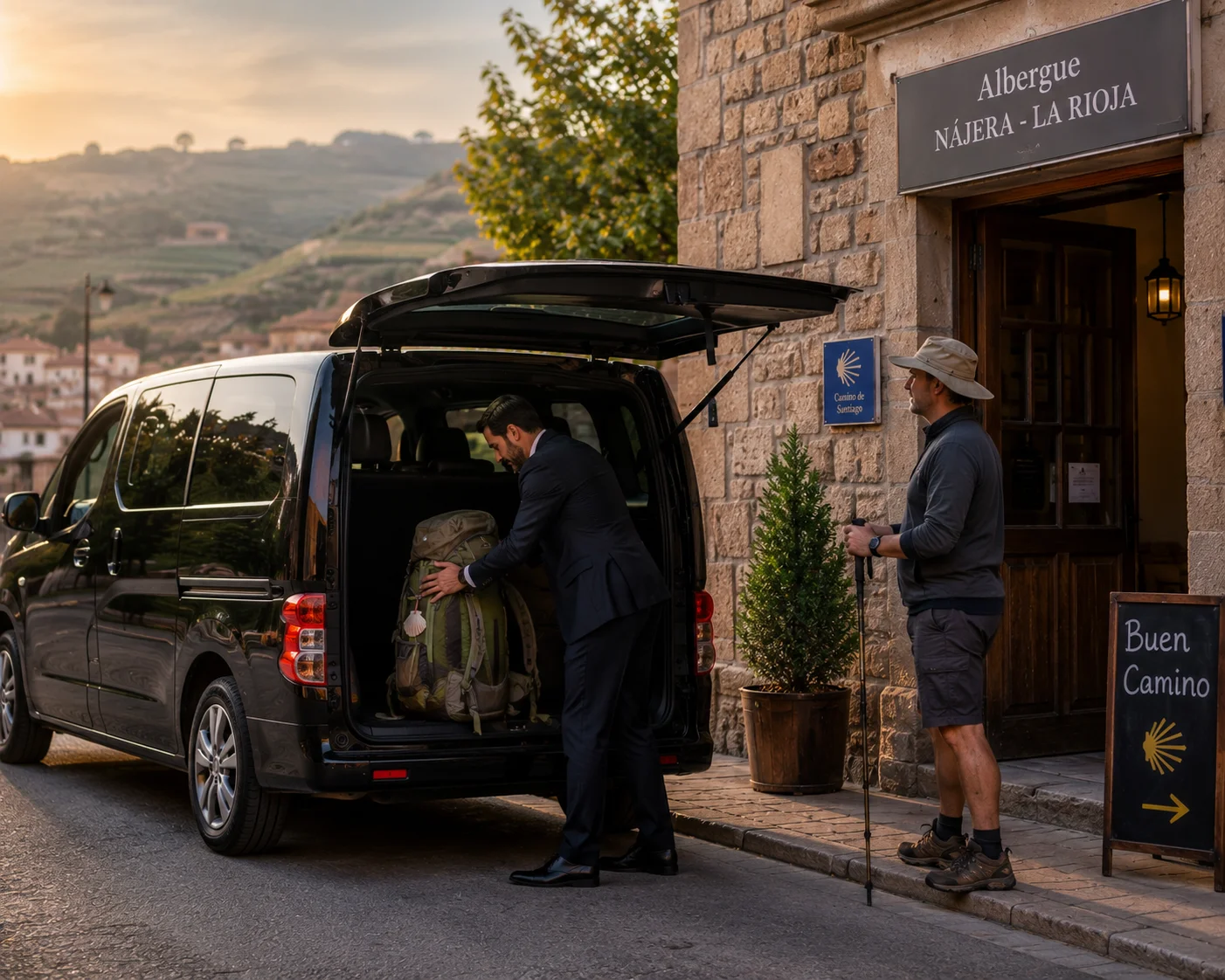 Conductor recogiendo mochilas de peregrinos en albergue del Camino de Santiago La Rioja
