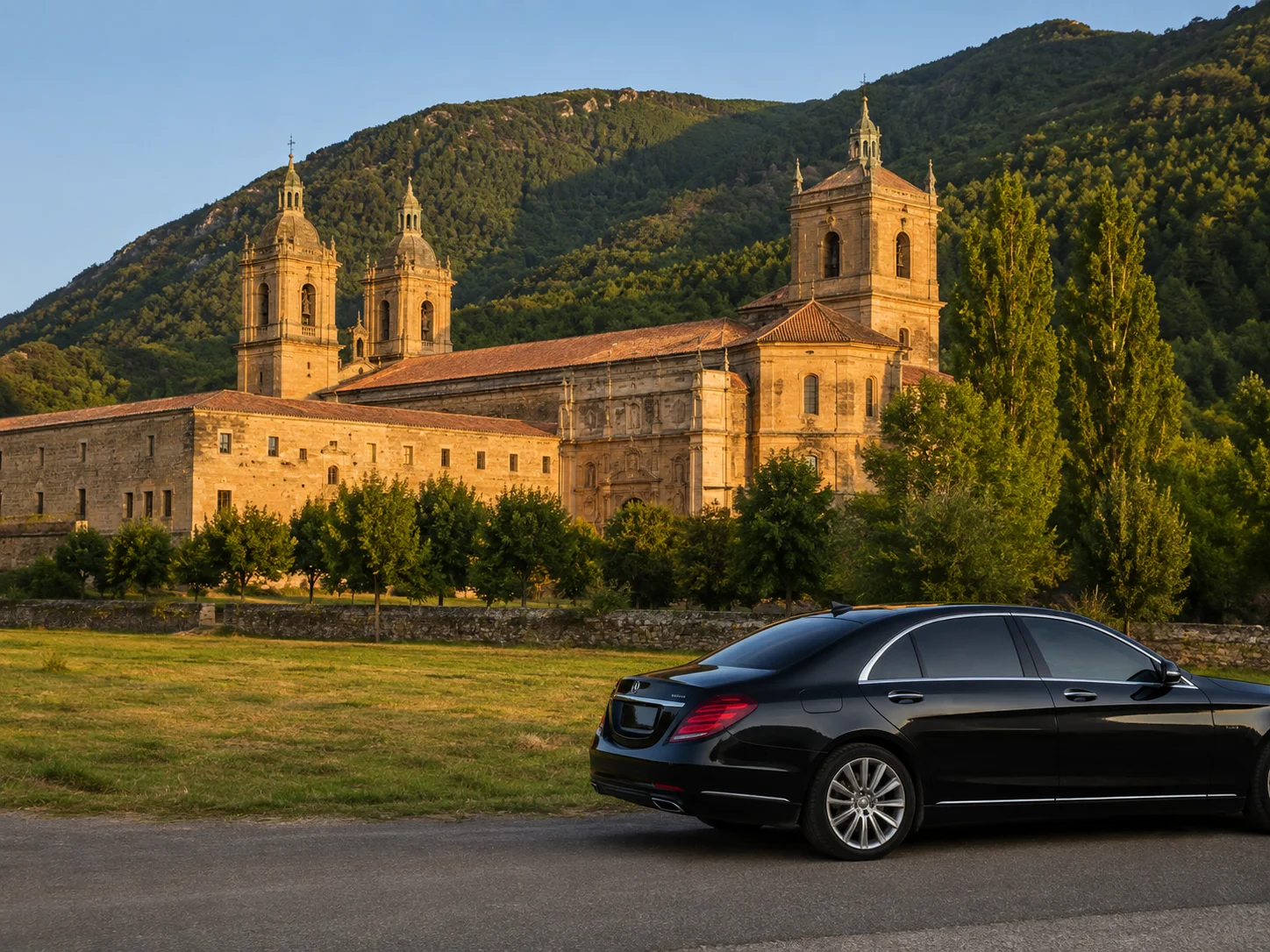 Coche con chófer frente al Monasterio de Yuso en San Millán de la Cogolla, La Rioja