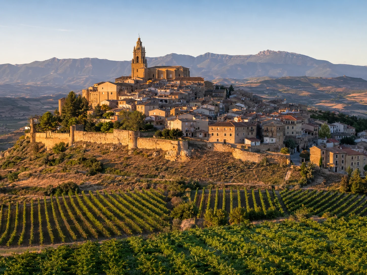 Vista del pueblo medieval de Briones entre viñedos, La Rioja