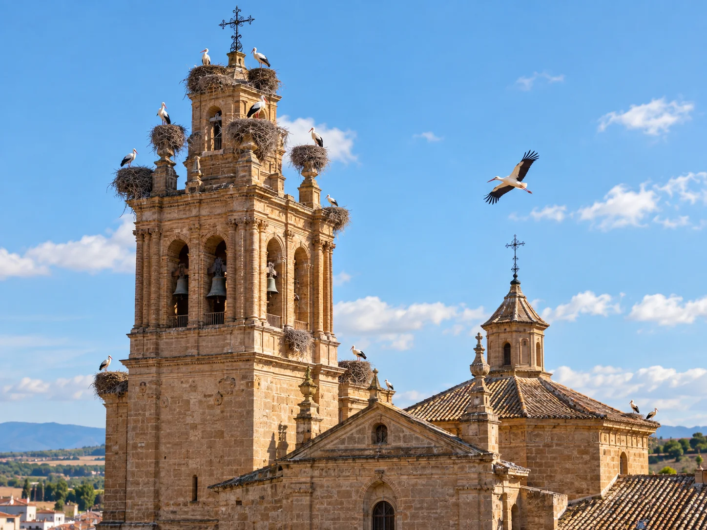 Colegiata de San Miguel de Alfaro con cigüeñas y sus nidos sobre las torres