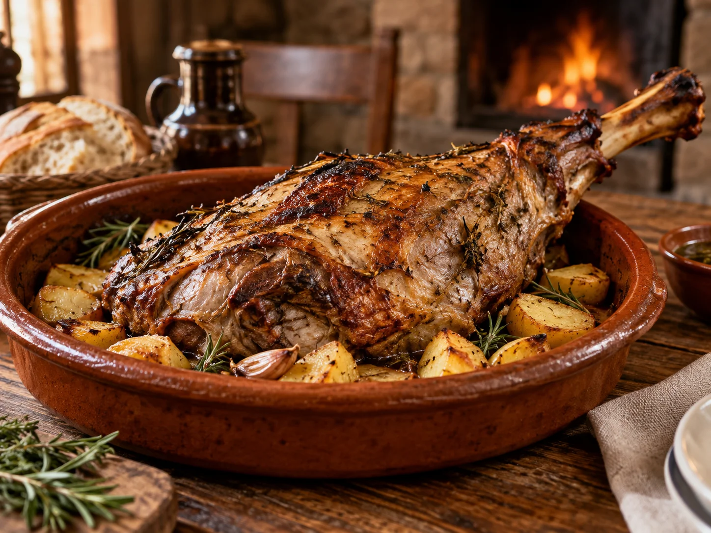 Cordero asado servido en una fuente tradicional en un asador de La Rioja