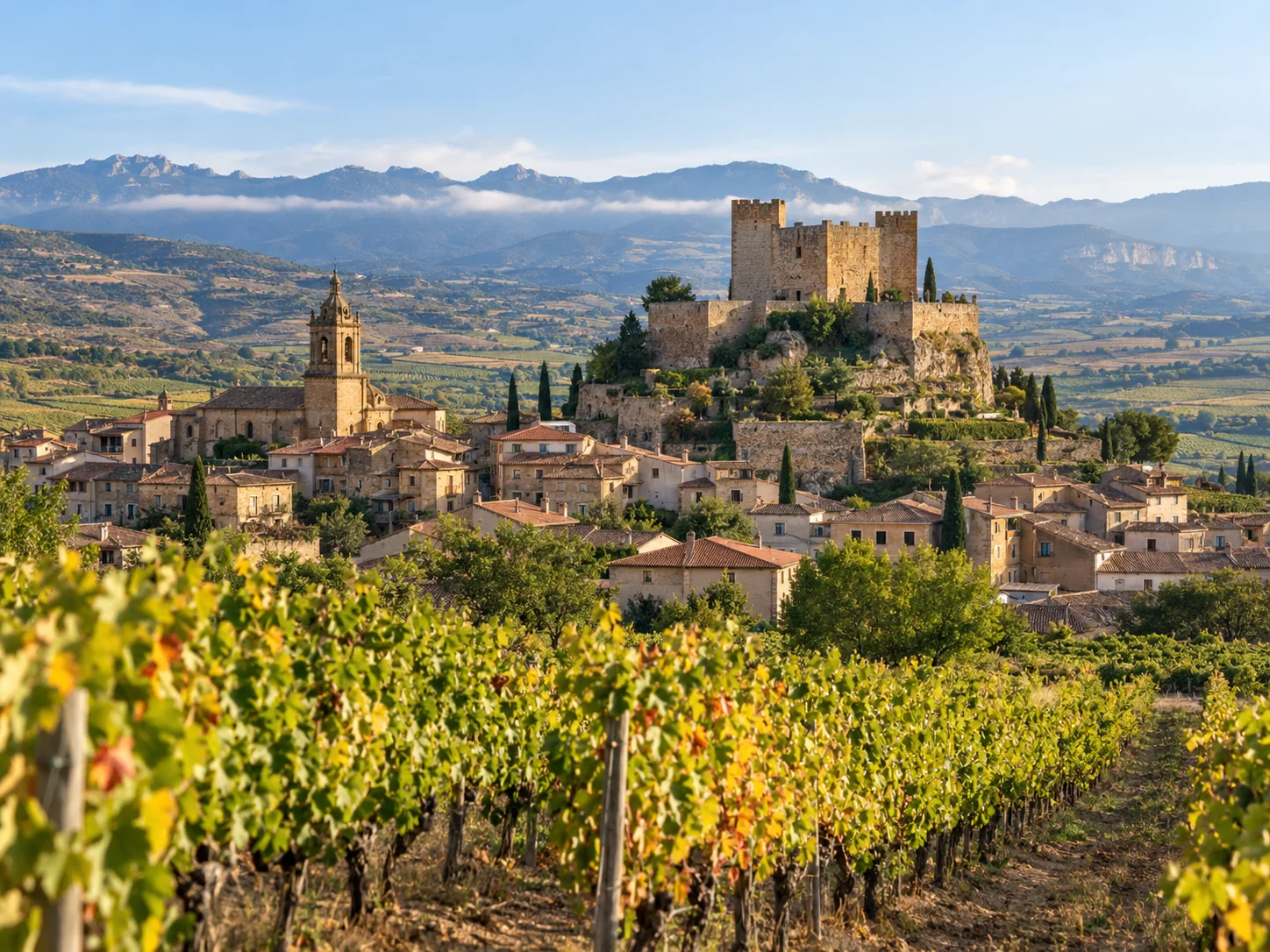 Cuzcurrita del Río Tirón con su castillo y el paisaje de viñedos de La Rioja Alta