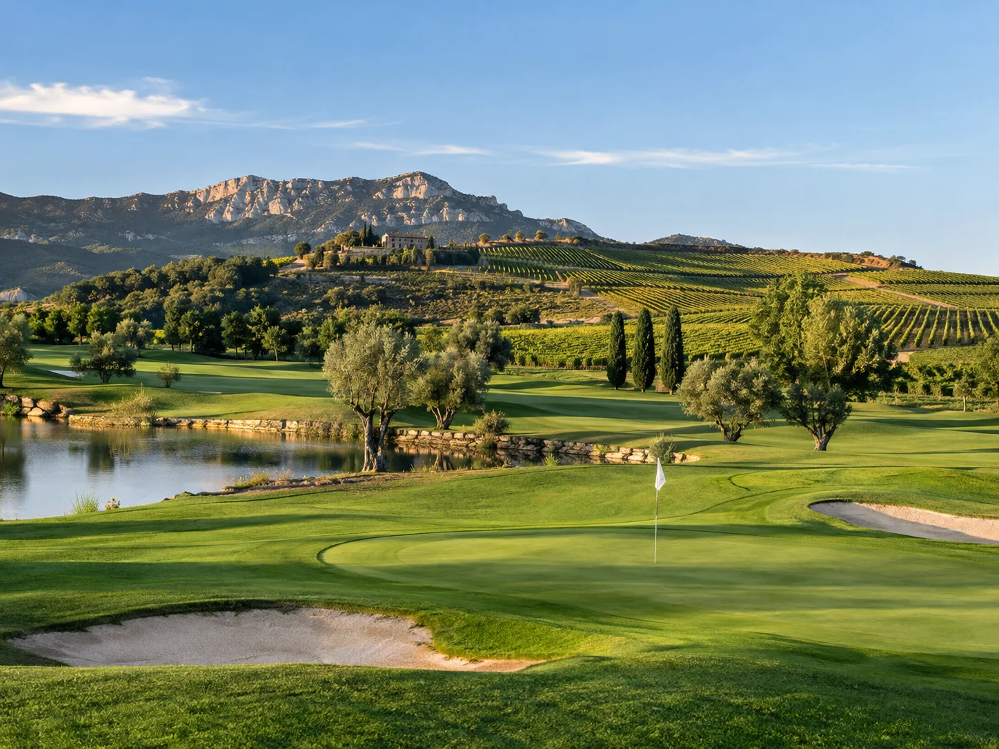Campo de golf en La Rioja rodeado de viñedos y paisaje de montaña