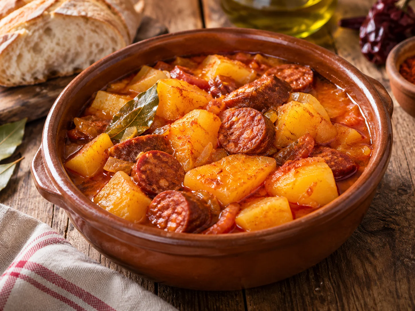 Patatas a la riojana con patatas y chorizo servidas en una cazuela tradicional