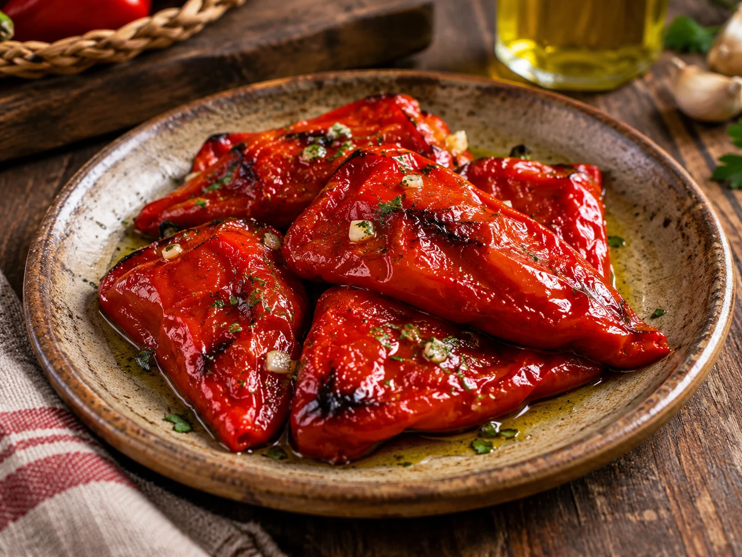 Pimientos del piquillo asados servidos en un plato de estilo tradicional