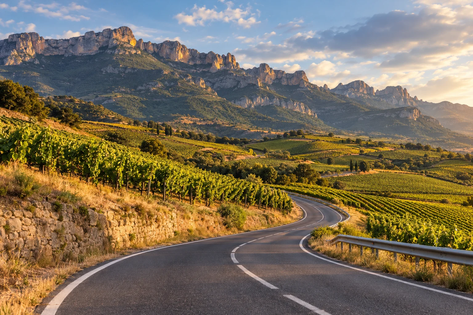 Carretera entre viñedos para realizar rutas en moto por La Rioja
