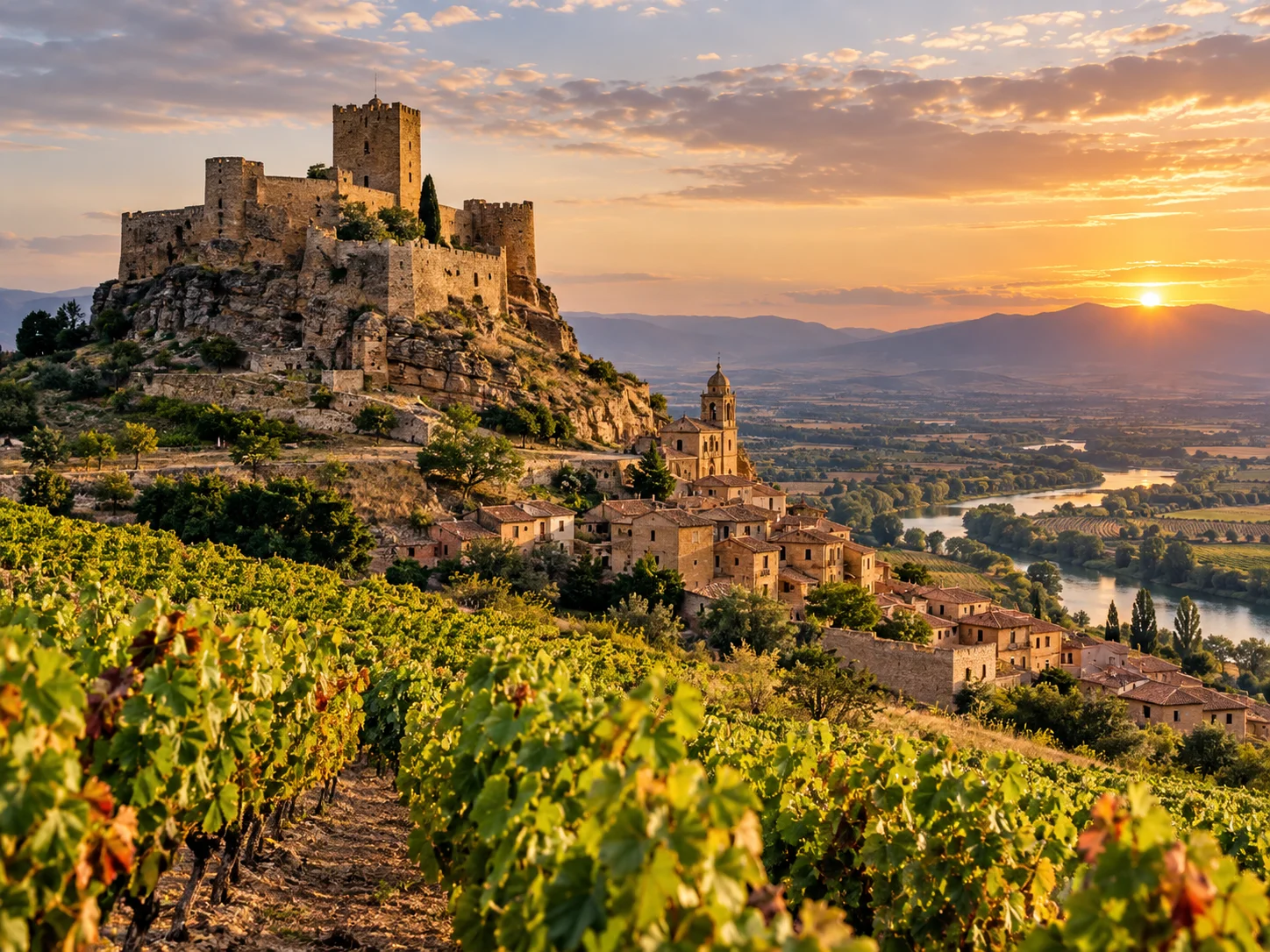 Castillo-fortaleza de San Vicente de la Sonsierra sobre el paisaje de viñedos de La Rioja